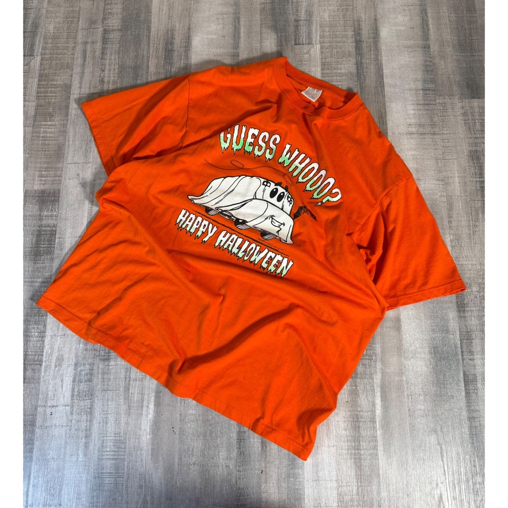 Vintage Jerzees Halloween T Shirt Mens XL Orange Guess Whooo Ghost Graphic Car